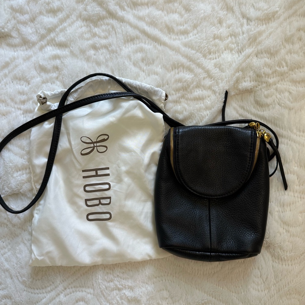 HOBO Black Pebbled Leather Mini Crossbody Bag with Gold Hardware